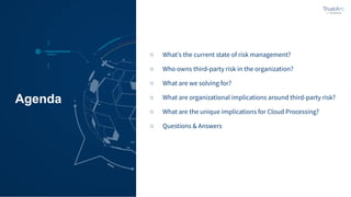 Agenda
○ Whatʼs the current state of risk management?
○ Who owns third-party risk in the organization?
○ What are we solving for?
○ What are organizational implications around third-party risk?
○ What are the unique implications for Cloud Processing?
○ Questions & Answers
 
