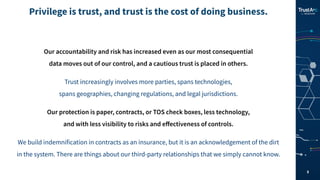 5
Privilege is trust, and trust is the cost of doing business.
Our accountability and risk has increased even as our most consequential
data moves out of our control, and a cautious trust is placed in others.
Trust increasingly involves more parties, spans technologies,
spans geographies, changing regulations, and legal jurisdictions.
Our protection is paper, contracts, or TOS check boxes, less technology,
and with less visibility to risks and eﬀectiveness of controls.
We build indemnification in contracts as an insurance, but it is an acknowledgement of the dirt
in the system. There are things about our third-party relationships that we simply cannot know.
 