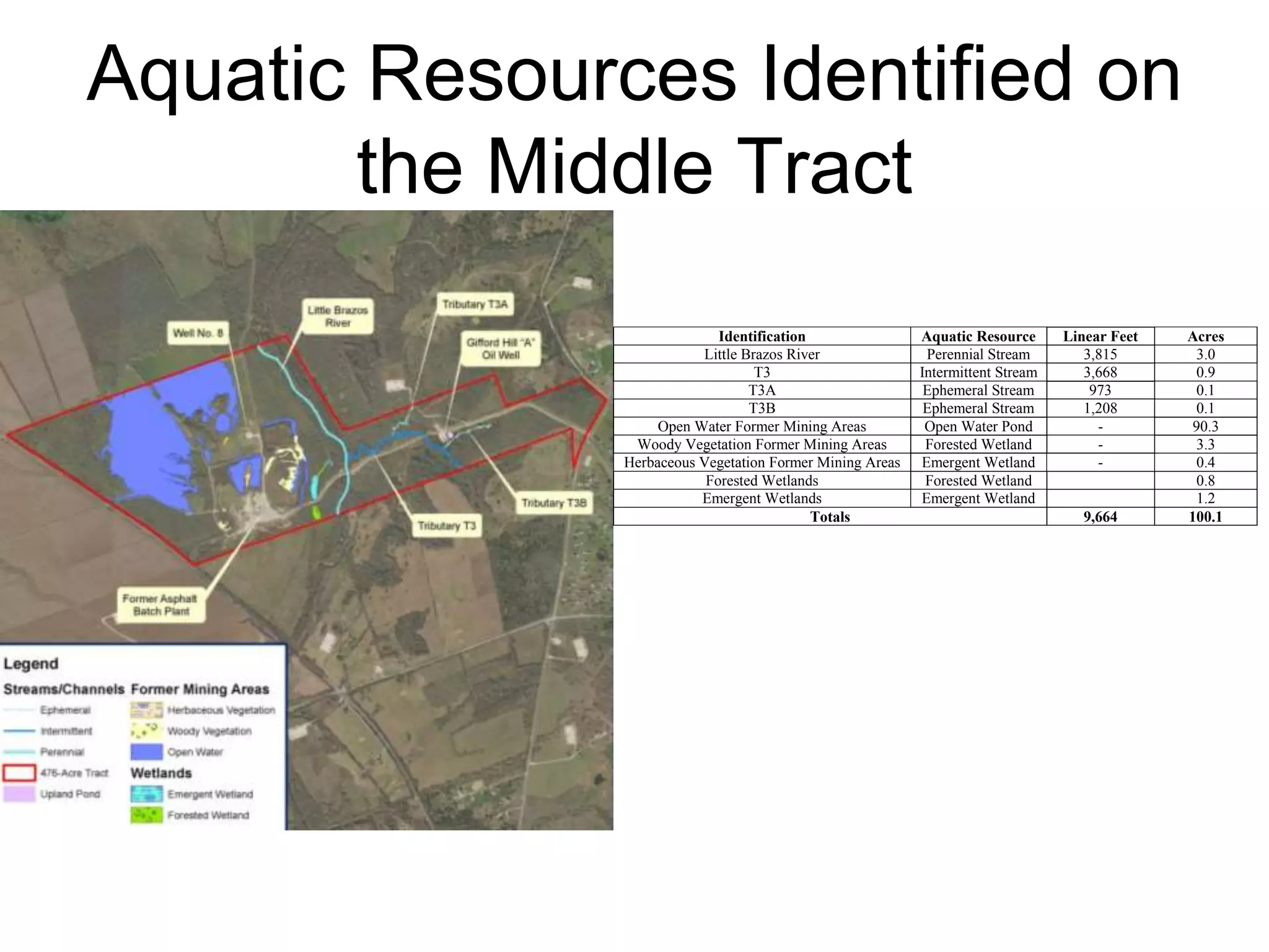 Aquatic Resources Identified on
the Middle Tract
Identification Aquatic Resource Linear Feet Acres
Little Brazos River Perennial Stream 3,815 3.0
T3 Intermittent Stream 3,668 0.9
T3A Ephemeral Stream 973 0.1
T3B Ephemeral Stream 1,208 0.1
Open Water Former Mining Areas Open Water Pond - 90.3
Woody Vegetation Former Mining Areas Forested Wetland - 3.3
Herbaceous Vegetation Former Mining Areas Emergent Wetland - 0.4
Forested Wetlands Forested Wetland 0.8
Emergent Wetlands Emergent Wetland 1.2
Totals 9,664 100.1
 