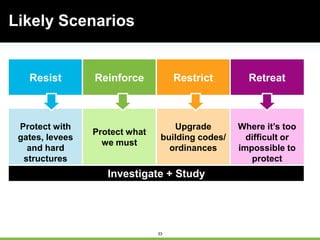 33
Resist Reinforce Restrict Retreat
Protect with
gates, levees
and hard
structures
Protect what
we must
Upgrade
building codes/
ordinances
Where it’s too
difficult or
impossible to
protect
Investigate + Study
Likely Scenarios
 
