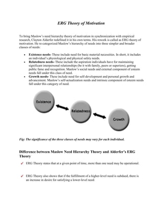 ERG Theory of Motivation
To bring Maslow’s need hierarchy theory of motivation in synchronization with empirical
research, Clayton Alderfer redefined it in his own terms. His rework is called as ERG theory of
motivation. He re-categorized Maslow’s hierarchy of needs into three simpler and broader
classes of needs:
 Existence needs- These include need for basic material necessities. In short, it includes
an individual’s physiological and physical safety needs.
 Relatedness needs- These include the aspiration individuals have for maintaining
significant interpersonal relationships (be it with family, peers or superiors), getting
public fame and recognition. Maslow’s social needs and external component of esteem
needs fall under this class of need.
 Growth needs- These include need for self-development and personal growth and
advancement. Maslow’s self-actualization needs and intrinsic component of esteem needs
fall under this category of need.
Fig: The significance of the three classes of needs may vary for each individual.
Difference between Maslow Need Hierarchy Theory and Alderfer’s ERG
Theory
ERG Theory states that at a given point of time, more than one need may be operational.
ERG Theory also shows that if the fulfillment of a higher-level need is subdued, there is
an increase in desire for satisfying a lower-level need.
 