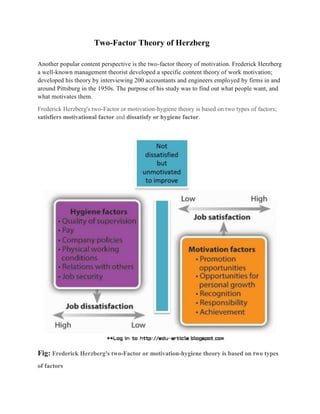 Two-Factor Theory of Herzberg
Another popular content perspective is the two-factor theory of motivation. Frederick Herzberg
a well-known management theorist developed a specific content theory of work motivation;
developed his theory by interviewing 200 accountants and engineers employed by firms in and
around Pittsburg in the 1950s. The purpose of his study was to find out what people want, and
what motivates them.
Frederick Herzberg's two-Factor or motivation-hygiene theory is based on two types of factors;
satisfiers motivational factor and dissatisfy or hygiene factor.
Fig: Frederick Herzberg's two-Factor or motivation-hygiene theory is based on two types
of factors
 