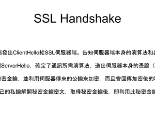 SSL Handshake
端發出ClientHello給SSL伺服器端。告知伺服器端本身的演算法和其
個ServerHello，確定了通訊所需演算法，送出伺服器本身的憑證（資
秘密金鑰，並利用伺服器傳來的公鑰來加密，而且會回傳加密後的秘
己的私鑰解開秘密金鑰密文，取得秘密金鑰後，即利用此秘密金鑰
 