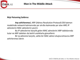Man in The Middle Attack
Arp Poisoning Saldırısı:
Arp zehirlenmesi, ARP (Adress Resolution Protocol) OSI katman
modelinde network katmanında yer alır.Bu katmanda yer alan ARP, IP
adreslerini MAC adreslerini çevirir.
Bu IP adreslerine karşılık gelen MAC adreslerini ARP tablolarında
tutar ve ARP tabloları da belirli aralıklarla güncellenir.
Bir ip adresine karşılık, sahte bir MAC adresi oluşturulmasına ARP
zehirlenmesi denir.
SDÜ-CYBERLAB (Man in The Middle Attack)
 