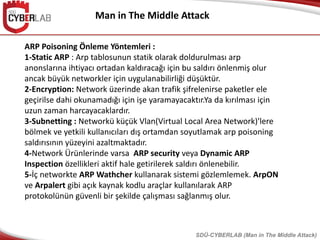 Man in The Middle Attack
SDÜ-CYBERLAB (Man in The Middle Attack)
ARP Poisoning Önleme Yöntemleri :
1-Static ARP : Arp tablosunun statik olarak doldurulması arp
anonslarına ihtiyacı ortadan kaldıracağı için bu saldırı önlenmiş olur
ancak büyük networkler için uygulanabilirliği düşüktür.
2-Encryption: Network üzerinde akan trafik şifrelenirse paketler ele
geçirilse dahi okunamadığı için işe yaramayacaktır.Ya da kırılması için
uzun zaman harcayacaklardır.
3-Subnetting : Networkü küçük Vlan(Virtual Local Area Network)'lere
bölmek ve yetkili kullanıcıları dış ortamdan soyutlamak arp poisoning
saldırısının yüzeyini azaltmaktadır.
4-Network Ürünlerinde varsa ARP security veya Dynamic ARP
Inspection özellikleri aktif hale getirilerek saldırı önlenebilir.
5-İç networkte ARP Wathcher kullanarak sistemi gözlemlemek. ArpON
ve Arpalert gibi açık kaynak kodlu araçlar kullanılarak ARP
protokolünün güvenli bir şekilde çalışması sağlanmış olur.
 