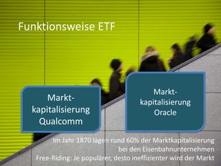 Funktionsweise ETF
Markt-
kapitalisierung
Qualcomm
Markt-
kapitalisierung
Oracle
Im Jahr 1870 lagen rund 60% der Marktkapitalisierung
bei den Eisenbahnunternehmen
Free-Riding: Je populärer, desto ineffizienter wird der Markt
 