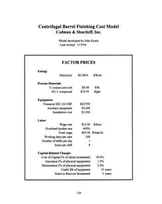 Centrifugal Barrel Finishing Cost Model
Codman & Shurtleff, Inc.
Model developed by John Eustis
Last revised: 1/15/94
FACTOR PRICES
Energy
Electricity $0.0834 $/Kwh
Process Materials
C-coarse corn cob $0.49 $/lb.
EC-1 compound $19.95 $/gal.
Equipment
TmesaverHZ-120 CBF $29,950
Auxiliary equipment $5,000
Installation cost $1,000
Labor
Wage rate $12.00 $/hour
Overhead burden rate 400%
Total wage $60.00 $/man-hr
Working days per year 240
Number of shifts per day 1
hours per shift 8
Capital-Related Charges
Cost of Capital(% of initialinvestment) 18.0%
Insurance (% of physical equipment) 1.0%
Maintenance (% of physical equipment) 2.0%
Useful life of equipment 10 years
Years to Recover Investment 3 years
129
 