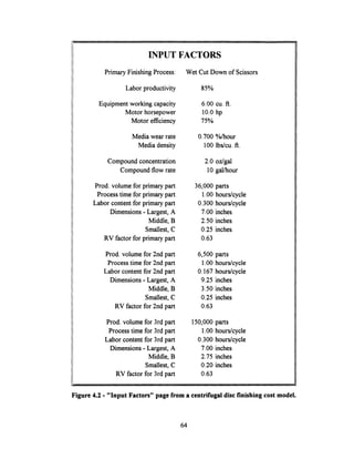 INPUT FACTORS
Primary Finishing Process:
Labor productivity
Equipment working capacity
Motor horsepower
Motor efficiency
Media wear rate
Media density
Compound concentration
Compound flow rate
Prod. volume for primary part
Process time for primary part
Labor content for primary part
Dimensions- Largest, A
Middle, B
Smallest, C
RV factor for primary part
Prod. volume for 2nd part
Process time for 2nd part
Labor content for 2nd part
Dimensions - Largest, A
Middle, B
Smallest, C
RV factor for 2nd part
Prod. volume for 3rd part
Process time for 3rd part
Labor content for 3rd part
Dimensions- Largest, A
Middle, B
Smallest, C
RV factor for 3rd part
Wet Cut Down of Scissors
85%
6.00 cu. ft.
10.0 hp
75%
0.700 %/hour
100 lbs/cu. ft.
2.0 oz/gal
10 gal/hour
36,000
1.00
0.300
7.00
2.50
0.25
0.63
6,500
1.00
0.167
9.25
3.50
0.25
0.63
150,000
1.00
0.300
7.00
2.75
0.20
0.63
parts
hours/cycle
hours/cycle
inches
inches
inches
parts
hours/cycle
hours/cycle
inches
inches
inches
parts
hours/cycle
hours/cycle
inches
inches
inches
Figure 4.2 - "Input Factors" page from a centrifugal disc finishing cost model.
64
_ L
 