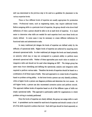skill was determined in the previous step to be used as a guideline for placement in the
various expertise levels.
Three or four different levels of expertise are usually appropriate for production
teams. Professional teams, such as engineering teams, may require additional levels.
Before assigning skills to a particular level of expertise, the group should write down brief
definitions of what a person should be able to do at each level of expertise. It is much
easier to determine what skills are needed for each expertise level once these levels are
clearly defined. In some cases it may be necessary to create different definitions for
functional tasks and administrative tasks.
In many traditional job designs the levels of expertise are defined solely by the
difficulty of operational skills. Higher levels of expertise are achieved by acquiring more
advanced operational skills. In other traditional job designs the levels are based primarily
on seniority which may or may not correspond to a person's ability to perform more
advanced operational skills. Neither of these approaches puts much value on analytic or
integrative skills and should not be used when designing an SBT. The design group has
spent many hours identifying and defining the operational, analytic and integrative skills
required to perform various tasks. Therefore the levels of expertise should be based on a
combination of all three types of skills. One such approach is to create levels of expertise
based on problem solving ability. At the lower levels a person can only identify problems,
while at higher levels a person can diagnose problems and determine the root causes. At
still higher levels, a person can also recommend corrective action and perform rework.
This approach defines levels of expertise based on all of the different types of skills not
simply operational skills. This approach is particularly useful for organizations in which
problem solving is routinely performed.
Once the levels of expertise are clearly defined, the group can assign skills to each
level. A spreadsheet can be created for each level of expertise and should contain a list of
all of the skills required to achieve that level. Each skill type should be listed separately so
97
 