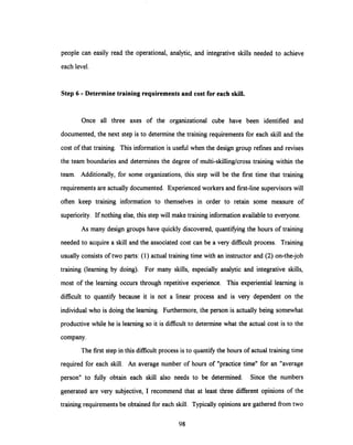 people can easily read the operational, analytic, and integrative skills needed to achieve
each level.
Step 6 - Determine training requirements and cost for each skill.
Once all three axes of the organizational cube have been identified and
documented, the next step is to determine the training requirements for each skill and the
cost of that training. This information is useful when the design group refines and revises
the team boundaries and determines the degree of multi-skilling/cross training within the
team. Additionally, for some organizations, this step will be the first time that training
requirements are actually documented. Experienced workers and first-line supervisors will
often keep training information to themselves in order to retain some measure of
superiority. If nothing else, this step will make training information available to everyone.
As many design groups have quickly discovered, quantifying the hours of training
needed to acquire a skill and the associated cost can be a very difficult process. Training
usually consists of two parts: (1) actual training time with an instructor and (2) on-the-job
training (learning by doing). For many skills, especially analytic and integrative skills,
most of the learning occurs through repetitive experience. This experiential learning is
difficult to quantify because it is not a linear process and is very dependent on the
individual who is doing the learning. Furthermore, the person is actually being somewhat
productive while he is learning so it is difficult to determine what the actual cost is to the
company.
The first step in this difficult process is to quantify the hours of actual training time
required for each skill. An average number of hours of "practice time" for an "average
person" to fully obtain each skill also needs to be determined. Since the numbers
generated are very subjective, I recommend that at least three different opinions of the
training requirements be obtained for each skill. Typically opinions are gathered from two
98
 