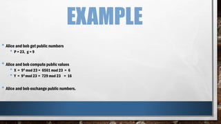 EXAMPLE
• Alice and bob get public numbers
• P = 23, g = 9
• Alice and bob compute public values
• X = 94 mod 23 = 6561 mod 23 = 6
• Y = 93 mod 23 = 729 mod 23 = 16
• Alice and bob exchange public numbers.
 