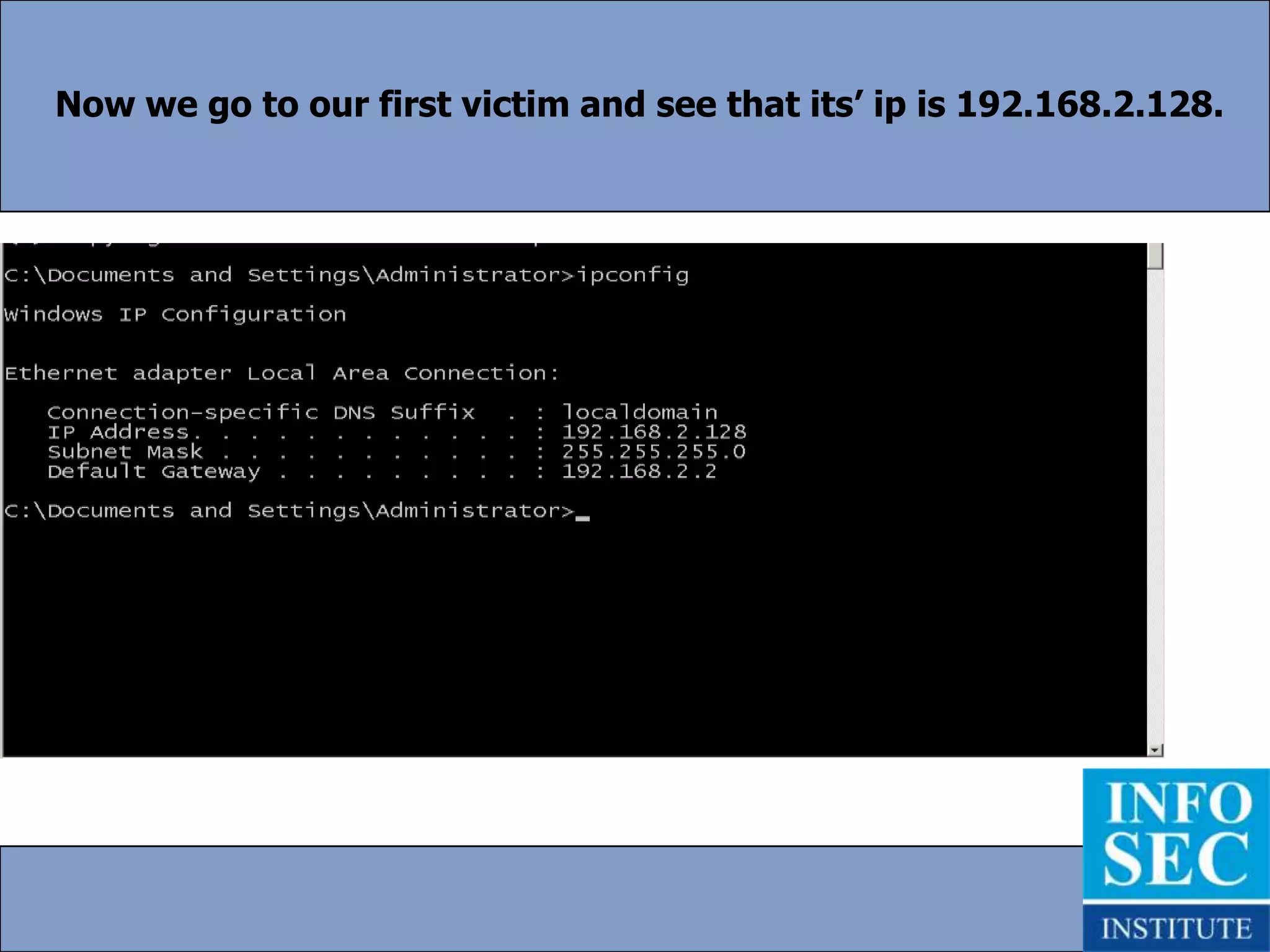 Step 1Let’s setup Backtrack properly first.  There is chance that once you start it, you didn’t get an ip or your ethernet/or wireless interface wasn’t enabled.  We’ll need to bring the interface up first.  Then we’ll need to have it get an ip address via dhcp.  So let’s do those things.
