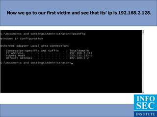 Step 1Let’s setup Backtrack properly first.  There is chance that once you start it, you didn’t get an ip or your ethernet/or wireless interface wasn’t enabled.  We’ll need to bring the interface up first.  Then we’ll need to have it get an ip address via dhcp.  So let’s do those things.