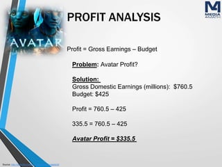 PROFIT ANALYSIS
Profit = Gross Earnings – Budget
Source: http://www.the-numbers.com/movie/budgets/all
Problem: Avatar Profit?
Solution:
Gross Domestic Earnings (millions): $760.5
Budget: $425
Profit = 760.5 – 425
335.5 = 760.5 – 425
Avatar Profit = $335.5
 