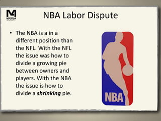 NBA Labor Dispute
• The NBA is a in a
  different position than
  the NFL. With the NFL
  the issue was how to
  divide a growing pie
  between owners and
  players. With the NBA
  the issue is how to
  divide a shrinking pie.
 