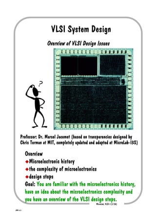 VLSI System Design
                      Overview of VLSI Design Issues




      Professor: Dr. Marcel Jacomet (based on transparencies designed by
      Chris Terman at MIT, completely updated and adapted at MicroLab-I3S)
                                                             MicroLab-

           Overview
             Microelectronic history
             the complexity of microelectronics
             design steps
           Goal: You are familiar with the microelectronics history,
           have an idea about the microelectronics complexity and
           you have an overview of the VLSI design steps.
                                                 MicroLab, VLSI-1 (1/28)

JMM v1.4
 