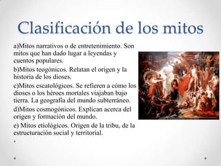 Clasificación de los mitos
a)Mitos narrativos o de entretenimiento. Son
mitos que han dado lugar a leyendas y
cuentos populares.
b)Mitos teogónicos. Relatan el origen y la
historia de los dioses.
c)Mitos escatológicos. Se refieren a cómo los
dioses o los héroes mortales viajaban bajo
tierra. La geografía del mundo subterráneo.
d)Mitos cosmogónicos. Explican acerca del
origen y formación del mundo.
e) Mitos etiológicos. Origen de la tribu, de la
estructuración social y territorial.
•
 
