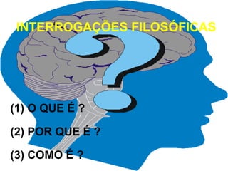 ININTTEERRRROOGGAAÇÇÕÕEESS F FILILOOSSÓÓFFICICAASS 
(1) O QUE É ? 
(2) POR QUE É ? 
(3) COMO É ? 
(1) O QUE É ? 
(2) POR QUE É ? 
(3) COMO É ? 
 