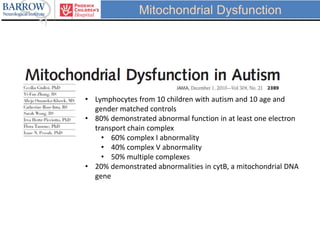 • Lymphocytes from 10 children with autism and 10 age and
gender matched controls
• 80% demonstrated abnormal function in at least one electron
transport chain complex
• 60% complex I abnormality
• 40% complex V abnormality
• 50% multiple complexes
• 20% demonstrated abnormalities in cytB, a mitochondrial DNA
gene
Mitochondrial Dysfunction
 