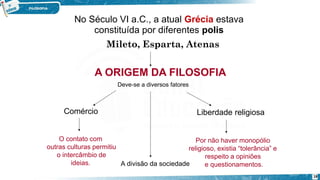 No Século VI a.C., a atual Grécia estava
constituída por diferentes polis
Mileto, Esparta, Atenas
A ORIGEM DA FILOSOFIA
Deve-se a diversos fatores
Comércio Liberdade religiosa
O contato com
outras culturas permitiu
o intercâmbio de
ideias.
Por não haver monopólio
religioso, existia “tolerância” e
respeito a opiniões
A divisão da sociedade e questionamentos.
18
 