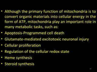 • Although the primary function of mitochondria is to
convert organic materials into cellular energy in the
form of ATP, mitochondria play an important role in
many metabolic tasks, such as:
• Apoptosis-Programmed cell death
• Glutamate-mediated excitotoxic neuronal injury
• Cellular proliferation
• Regulation of the cellular redox state
• Heme synthesis
• Steroid synthesis
14
 