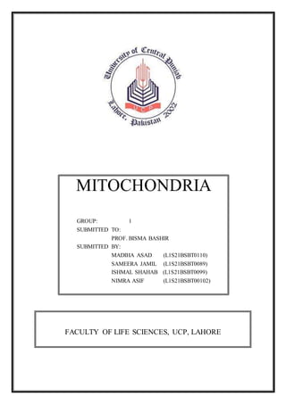 MITOCHONDRIA
GROUP: 1
SUBMITTED TO:
PROF. BISMA BASHIR
SUBMITTED BY:
MADIHA ASAD (L1S21BSBT0110)
SAMEERA JAMIL (L1S21BSBT0089)
ISHMAL SHAHAB (L1S21BSBT0099)
NIMRA ASIF (L1S21BSBT00102)
FACULTY OF LIFE SCIENCES, UCP, LAHORE
 
