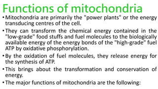 Functions of mitochondria
•Mitochondria are primarily the "power plants" or the energy
transducing centres of the cell.
•They can transform the chemical energy contained in the
"low-grade" food stuffs and fuel molecules to the biologically
available energy of the energy bonds of the "high-grade" fuel
ATP by oxidative phosphorylation.
•By the oxidation of fuel molecules, they release energy for
the synthesis of ATP.
•This brings about the transformation and conservation of
energy.
•The major functions of mitochondria are the following:
 