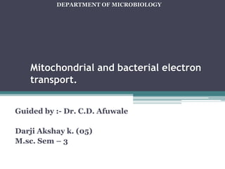 Mitochondrial and bacterial electron
transport.
Guided by :- Dr. C.D. Afuwale
Darji Akshay k. (05)
M.sc. Sem – 3
DEPARTMENT OF MICROBIOLOGY
 