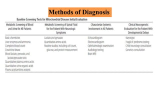 Methods of Diagnosis
Noninvasive screening tests
• An electrocardiogram or echocardiogram may demonstrate cardiomyopathy and cardiac conduction
defects, the most common cardiac features of mitochondrial disorders.
• Ophthalmologic examination may disclose the presence of retinal pigmentary abnormalities or
optic atrophy. An electroretinogram (ERG) may be indicated.
 
