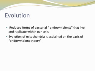 Evolution
 Reduced forms of bacterial “ endosymbionts” that live
and replicate within our cells
 Evolution of mitochondria is explained on the basis of
“endosymbiont theory”
 