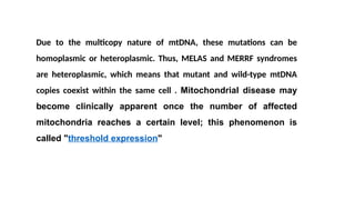 Due to the multicopy nature of mtDNA, these mutations can be
homoplasmic or heteroplasmic. Thus, MELAS and MERRF syndromes
are heteroplasmic, which means that mutant and wild-type mtDNA
copies coexist within the same cell . Mitochondrial disease may
become clinically apparent once the number of affected
mitochondria reaches a certain level; this phenomenon is
called "threshold expression"
 