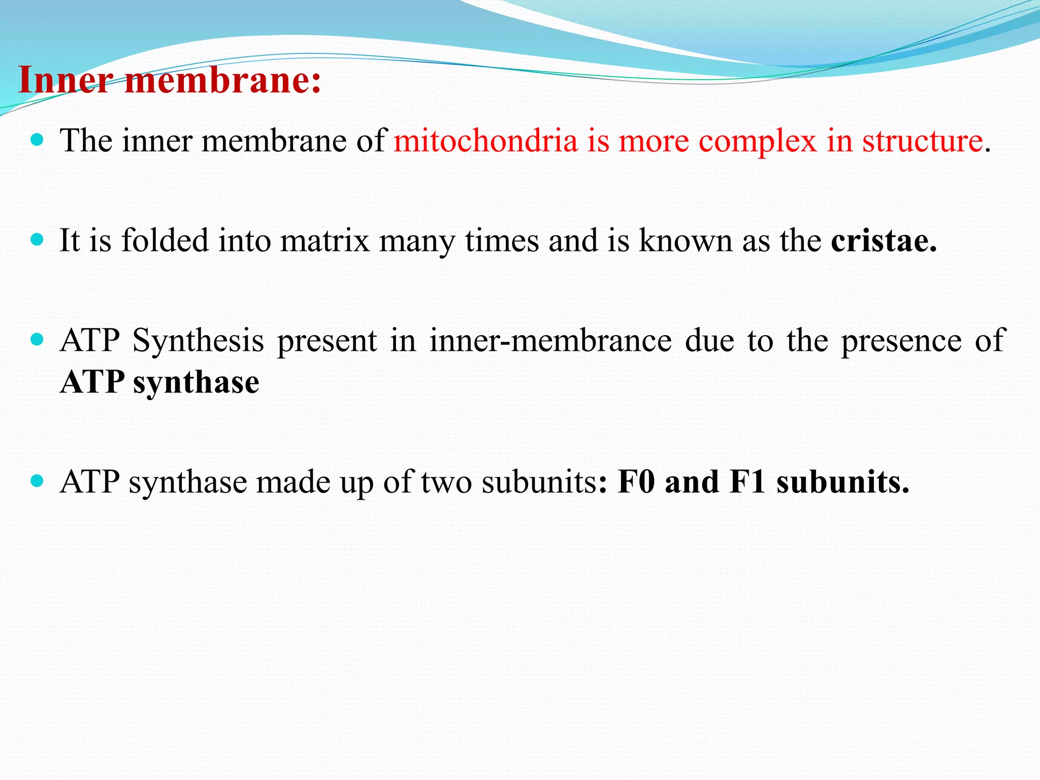 Inner membrane:
 The inner membrane of mitochondria is more complex in structure.
 It is folded into matrix many times and is known as the cristae.
 ATP Synthesis present in inner-membrance due to the presence of
ATP synthase
 ATP synthase made up of two subunits: F0 and F1 subunits.
 