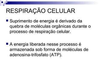 RESPIRAÇÃO CELULAR


Suprimento de energia é derivado da
quebra de moléculas orgânicas durante o
processo de respiração celular.



A energia liberada nesse processo é
armazenada sob forma de moléculas de
adenosina-trifosfato (ATP).

 