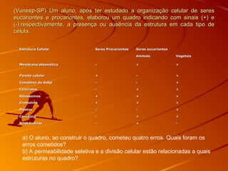 (Vunesp-SP) Um aluno, após ter estudado a organização celular de seres(Vunesp-SP) Um aluno, após ter estudado a organização celular de seres
eucariontes e procariontes, elaborou um quadro indicando com sinais (+) eeucariontes e procariontes, elaborou um quadro indicando com sinais (+) e
(-),respectivamente, a presença ou ausência da estrutura em cada tipo de(-),respectivamente, a presença ou ausência da estrutura em cada tipo de
célula.célula.
Estrutura CelularEstrutura Celular Seres ProcariontesSeres Procariontes Seres eucariontesSeres eucariontes
AnimaisAnimais VegetaisVegetais
Membrana plasmáticaMembrana plasmática -- ++ ++
Parede celularParede celular ++ -- ++
Complexo de GolgiComplexo de Golgi -- -- ++
CentríolosCentríolos -- ++ ++
RibossomosRibossomos ++ ++ ++
CromatinaCromatina ++ ++ ++
PlastosPlastos -- -- ++
CariotecaCarioteca -- ++ ++
MitocôndriasMitocôndrias -- ++ --
a) O aluno, ao construir o quadro, cometeu quatro erros. Quais foram os
erros cometidos?
b) A permeabilidade seletiva e a divisão celular estão relacionadas a quais
estruturas no quadro?
 