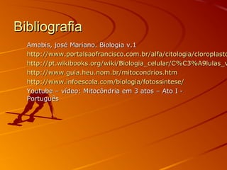 BibliografiaBibliografia
Amabis, josé Mariano. Biologia v.1Amabis, josé Mariano. Biologia v.1
http://www.portalsaofrancisco.com.br/alfa/citologia/cloroplastohttp://www.portalsaofrancisco.com.br/alfa/citologia/cloroplasto
http://pt.wikibooks.org/wiki/Biologia_celular/C%C3%A9lulas_vhttp://pt.wikibooks.org/wiki/Biologia_celular/C%C3%A9lulas_v
http://www.guia.heu.nom.br/mitocondrios.htmhttp://www.guia.heu.nom.br/mitocondrios.htm
http://www.infoescola.com/biologia/fotossintese/http://www.infoescola.com/biologia/fotossintese/
Youtube – vídeo: Mitocôndria em 3 atos – Ato I -Youtube – vídeo: Mitocôndria em 3 atos – Ato I -
PortuguêsPortuguês
 
