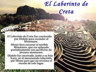 El Laberinto de
                                  Creta


El Laberinto de Creta fue construido
      por Dédalo para esconder al
               Minotauro.
   Minos hizo encerrar al terrible
      Minotauro, que era aplacado
   periódicamente con sacrificios de
           jóvenes atenienses.
Dédalo fue encerrado, junto a su hijo
   Ícaro, en el mencionado laberinto,
   por Minos para que no revelara el
          secreto de este lugar.
 
