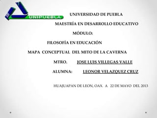 UNIVERSIDAD DE PUEBLA
MAESTR A EN DESARROLLO EDUCATIVO
MÓDULO:
FILOSOFÍA EN EDUCACIÓN
MAPA CONCEPTUAL DEL MITO DE LA CAVERNA
MTRO. JOSE LUIS VILLEGAS VALLE
ALUMNA: LEONOR VELAZQUEZ CRUZ
HUAJUAPAN DE LEON, OAX. A 22 DE MAYO DEL 2013
 