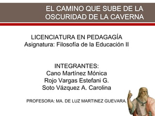 LICENCIATURA EN PEDAGAGÍA
Asignatura: Filosofía de la Educación II
INTEGRANTES:
Cano Martínez Mónica
Rojo Vargas Estefani G.
Soto Vázquez A. Carolina
PROFESORA: MA. DE LUZ MARTINEZ GUEVARA.
 