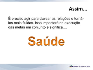 Assim...
É preciso agir para clarear as relações e torná-
las mais fluidas. Isso impactará na execução
das metas em conjunto e significa....
 