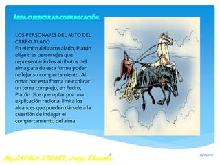 LOS PERSONAJES DEL MITO DEL
CARRO ALADO
En el mito del carro alado, Platón
elige tres personajes que
representarán los atributos del
alma para de esta forma poder
reflejar su comportamiento. Al
optar por esta forma de explicar
un tema complejo, en Fedro,
Platón dice que optar por una
explicación racional limita los
alcances que pueden dársele a la
cuestión de indagar el
comportamiento del alma.
25/05/201718
 