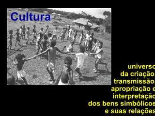Cultura universo  da criação,  transmissão,  apropriação e  interpretação  dos bens simbólicos  e suas relações  