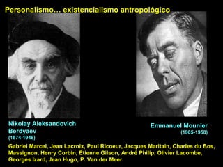 Nikolay Aleksandovich Berdyaev (1874-1948) Emmanuel Mounier (1905-1950) Gabriel Marcel, Jean Lacroix, Paul Ricoeur, Jacques Maritain, Charles du Bos, Massignon, Henry Corbin, Étienne Gilson, André Philip, Olivier Lacombe, Georges Izard, Jean Hugo, P. Van der Meer  Personalismo… existencialismo antropológico 