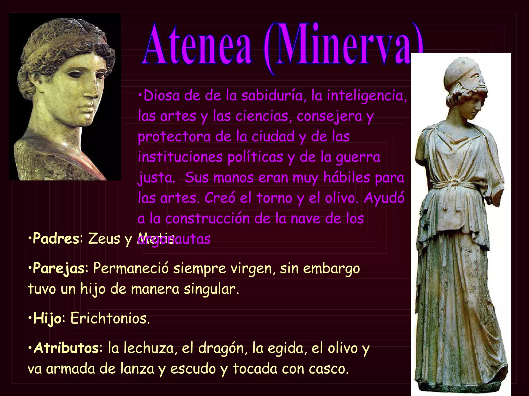 Atenea (Minerva) Padres : Zeus y Metis. Parejas : Permaneció siempre virgen, sin embargo tuvo un hijo de manera singular. Hijo : Erichtonios. Atributos : la lechuza, el dragón, la egida, el olivo y va  armada de lanza y escudo y tocada con casco.  Diosa de  de la sabiduría,  la inteligencia, las artes y las ciencias, consejera y protectora de la ciudad y de las instituciones políticas y de la guerra justa.   Sus manos eran muy hábiles para las artes. Creó el torno y el olivo. Ayudó a la construcción de la nave de los argonautas   
