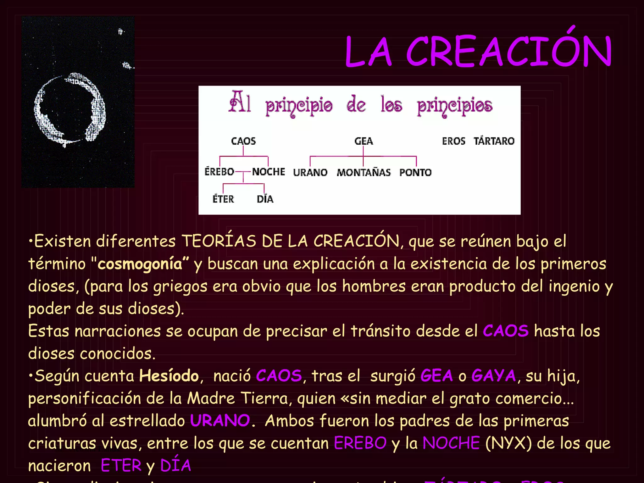 LA CREACIÓN Existen diferentes TEORÍAS DE LA CREACIÓN, que se reúnen bajo el término " cosmogonía”  y buscan una explicación a la existencia de los primeros dioses, (para los griegos era obvio que los hombres eran producto del ingenio y poder de sus dioses).  Estas narraciones se ocupan de precisar el tránsito desde el  CAOS  hasta los dioses conocidos. Según cuenta  Hesíodo ,  nació  CAOS , tras el  surgió  GEA  o  GAYA , su hija, personificación de la Madre Tierra, quien «sin mediar el grato comercio... alumbró al estrellado  URANO .  Ambos fueron los padres de las primeras criaturas vivas, entre los que se cuentan  EREBO  y la  NOCHE  (NYX) de los que nacieron  ETER  y  DÍA Sin mediacion ninguna parece que nacieron,tambien:  TÁRTARO  y  EROS 