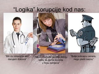 “Logika” korupcije kod nas:
“Biti ću zdraviji/ja ako
darujem doktora”
“Bolje policajcu cenera,
nego platiti kaznu”
“Papiri i dozvole se prije dobiju
kada se gurne koverta
u hrpu zahtjeva”
 