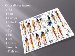  Otros dioses fueron:
 Ra
Shu
Hathor
Tefnet
Mut
Tot
Isis
Set
Osiris
Anubis
Ptah, etc.
 