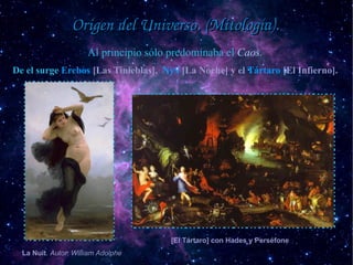 Origen del Universo. (Mitología).
                      Al principio sólo predominaba el Caos.
De el surge Erebos [Las Tinieblas], Nyx [La Noche] y el Tártaro [El Infierno].




                                        [El Tártaro] con Hades y Perséfone
  La Nuit. Autor: William Adolphe
 