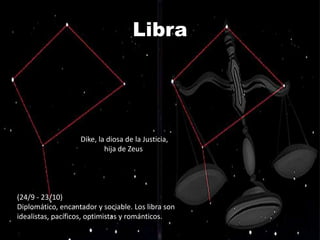 Libra




                   Dike, la diosa de la Justicia,
                           hija de Zeus




(24/9 - 23/10)
Diplomático, encantador y sociable. Los libra son
idealistas, pacíficos, optimistas y románticos.
 