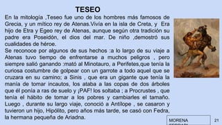 21
TESEO
En la mitología ,Teseo fue uno de los hombres más famosos de
Grecia, y un mítico rey de Atenas.Vivía en la isla de Creta, y Era
hijo de Etra y Egeo rey de Atenas, aunque según otra tradición su
padre era Poseidón, el dios del mar. De niño ,demostró sus
cualidades de héroe.
Se reconoce por algunos de sus hechos :a lo largo de su viaje a
Atenas tuvo tiempo de enfrentarse a muchos peligros , pero
siempre salió ganando :mató al Minotauro, a Perifetes,que tenía la
curiosa costumbre de golpear con un garrote a todo aquel que se
cruzara en su camino; a Sinis , que era un gigante que tenía la
manía de tomar incautos, los ataba a las copas de dos árboles
que él ponía a ras de suelo y ¡PAF! los soltaba ; a Procrustes , que
tenía el hábito de tomar a los pobres y cambiarles el tamaño.
Luego , durante su largo viaje, conoció a Antílope , se casaron y
tuvieron un hijo, Hipólito, pero años más tarde, se casó con Fedra,
la hermana pequeña de Ariadna. MORENA
 