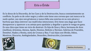 Es la diosa de la Discordia, de los Caos y de la Destrucción, busca constantemente un
conflicto. Su pelo es de color negro y sobre este tiene una corona que casi nunca se la
suele quitar, sus ojos son grisáceos y nunca falta una sonrisa en su cara pícara y
burlona que deja entrever sus malévolas intenciones. Eris tiene una daga que hace
desaparecer y aparecer a su antojo para apuñalar y degollar a quien le venga en gana.
Es una chica que tiene un vicio de destruir. Es hija de Zeus y Hera, hermana de Ares
(melliza), Artemisa, Atenea, Apolo, Dioniso, Hefesto y Hermes. Sobrina de Poseidón,
Deméter, Hades y Hestia, nieta de Cronos y Rea. Y sus hijos son Olvido, Odios,
Mentiras, Discurso, Ambigüedades, Desorden, Destrucción y Juramento.
25
Eris o Éride
Martina Anchorena.
 